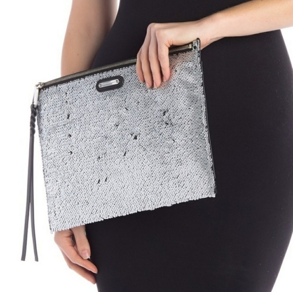 NWOT Rebecca Minkoff silver and black large reversible sequin clutch - Picture 3 of 11